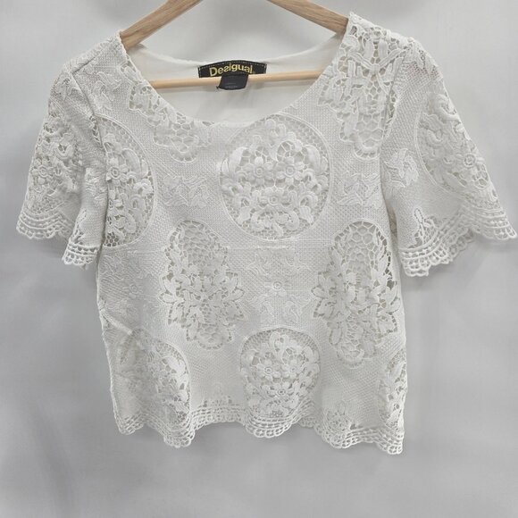 Desigual White Lace Embroidery Top Size Small - Picture 7 of 11